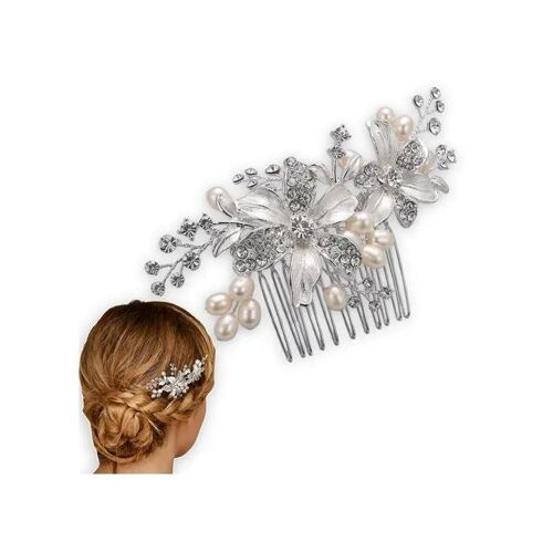 Peigne D¿Ornement Mariage Femme Argenté Blanc Perlé Perles Cristaux Strass Peigne 10,5 Cm, Bijoux Coiffure Glamour Vintage Pour