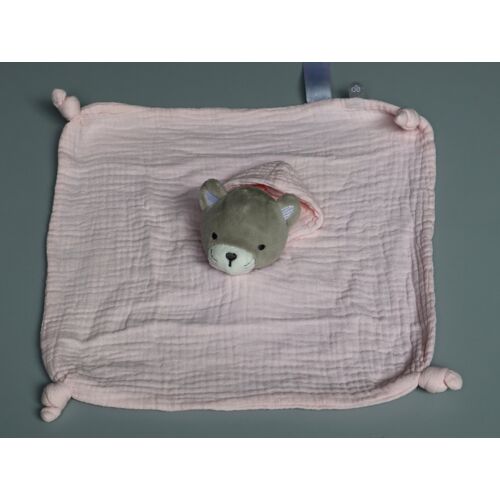 Doudou chat plat Obaïbi gris capuche lange rose carré
