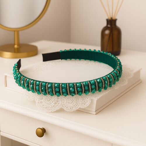 Serre-Tête Fin Bijou Pour Cheveux En Tissu Orné De Perles Et Strass Multi-Rang