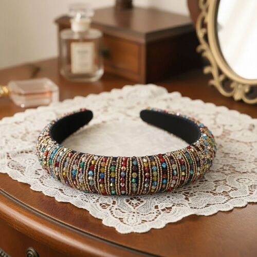 Serre-Tête Large Bijou Pour Cheveux En Tissu Orné De Perles Et Strass Irisés Mosaïque