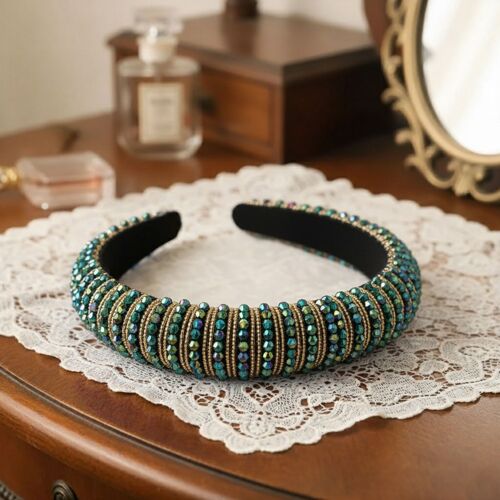 Serre-Tête Large Bijou Pour Cheveux En Tissu Orné De Perles Et Strass Irisés