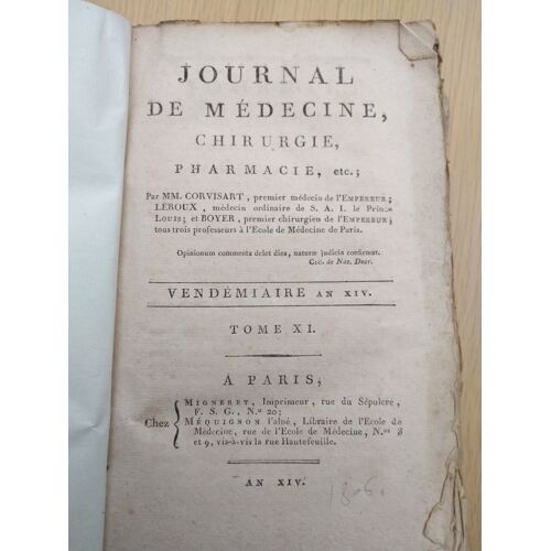 Journal De Medcine Chirurgie Pharmacie Tome 11 Edition 1806 Migneret Mequignon