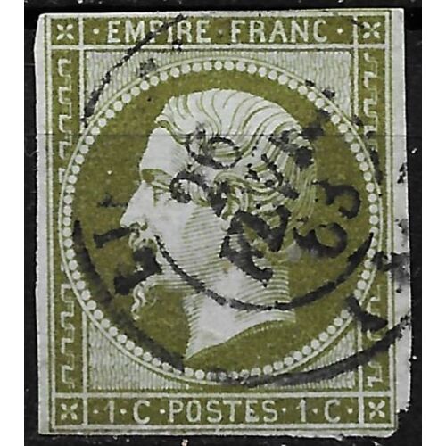 France 1853 / 1860 - Beau Timbre Classique Yvert 11 Napoléon Iii - 1c. Olive, Oblitéré, Cote 100 Euros, Tbe