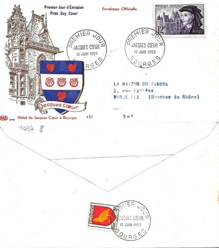 France 1955, Belle Enveloppe 1er Jour, Timbre Yvert 1034, Jacques Coeur Et Vue De Bourges, Au Verso, Blason De L'Aunis.