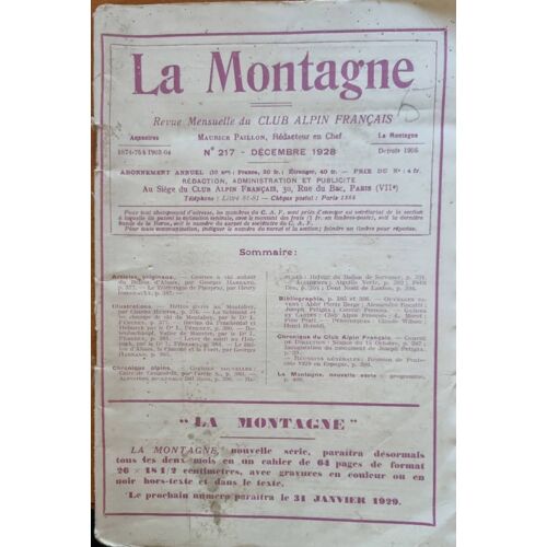 La Montagne Revenu Mensuel Du Club Alpin Français Numéro 217 Décembre 1928