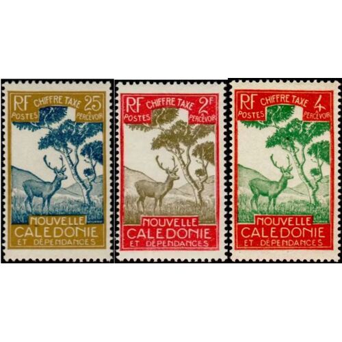 Nouvelle Calédonie, Colonie Française 1928, Beaux Timbres Taxe Neufs* Yvert 27, 32 Et 37, Cerf Et Niaouli 4c. Rouge Sombre Et Vert, 25c. Bistre Et Bleu Et 2f. Rouge Et Gris Olive.