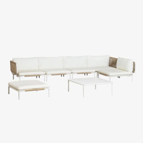 Ensemble De Jardin Avec Canapé D'angle Modulaire 5 Pièces, Table Basse Et Pouf En Acier Roubly Beige Amande
