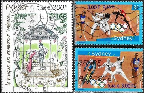France 2000, Beaux Timbres Oblitérés Yvert 3340 Et 3341 Jeux Olympiques De Sydney - Australie, Et 3359 Hommage Au Dessinateur Peynet, "Le Kiosque Des Amoureux.