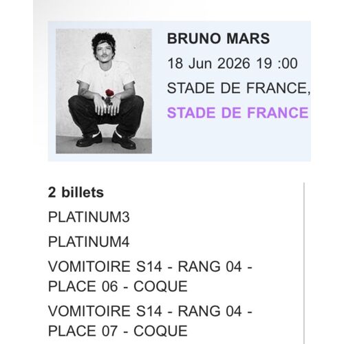 2 Billets De Concert De Bruno Mars