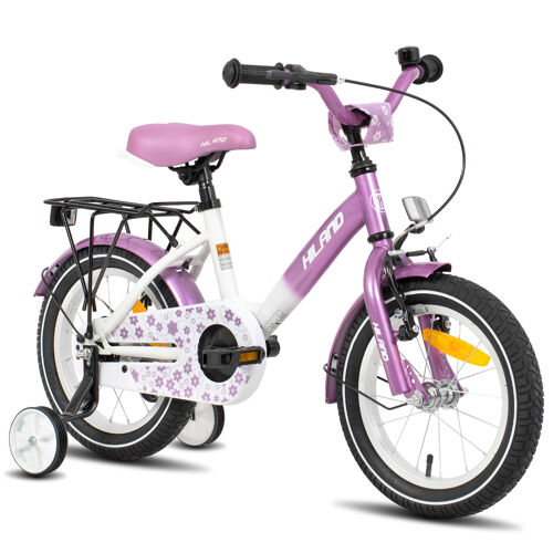 Hiland Starry Vélo Enfant 14 Pouces, Vélo Fille Avec Roulettes, Vélo Enfant Violet Avec Frein À Main, Frein À Rétropédalage Et Porte-Bagages