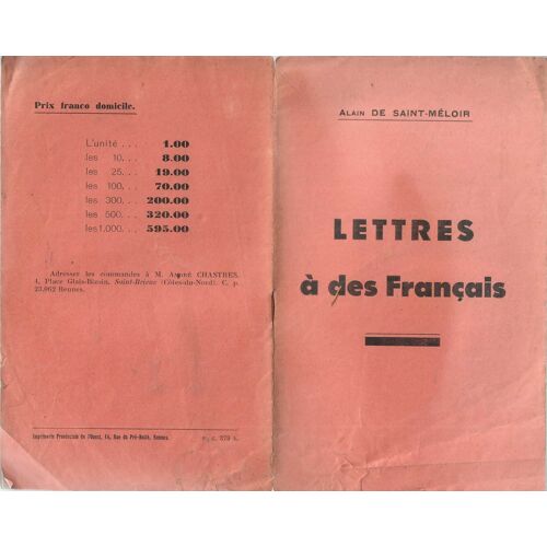 Lettres À Des Français, (À Qui Ne Fait Pas De Politique, À B. Républicain De Droite, À "Qui N' Aime Pas La Violence", À D. Ouvrier, À E. Qu' Offusque L' Antisémitisme, À F.Qui Eut Un Père Républicain)