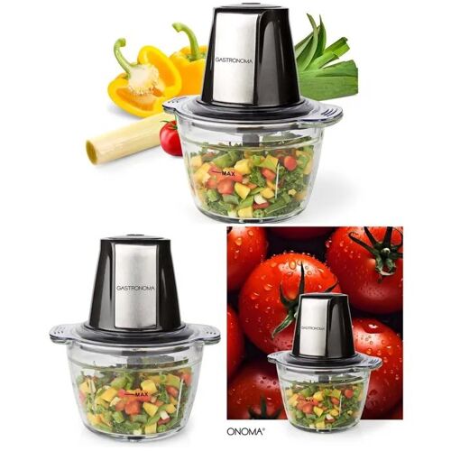 Mini Hachoir Noir Inox 1L Bol verre 500W - 4 Lames en Inox avec Couvercle de sécurité Noire