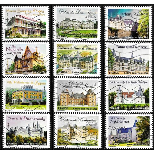 France 2012, Belle Série Complète Timbres Yvert 726 À 737, Châteaux Et Demeures Historiques, «De La Renaissance Au Xxème Siècle», Oblitérés, Tbe