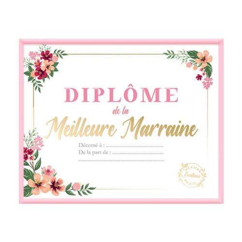 CADRE DIPLÔME MEILLEURE MARRAINE 20X25CM ROSE