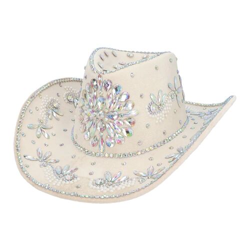 Chapeau Cowboy Beige Strass Iridescents Adulte