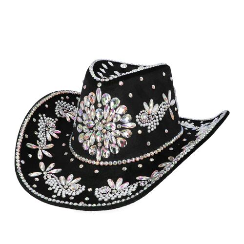 Chapeau Cowboy Noir Strass Iridescents Adulte