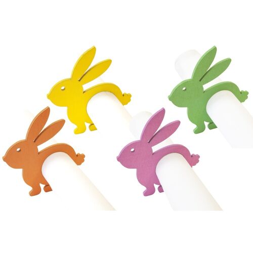 4 RONDS DE SERVIETTE BOIS LAPIN 8CM TONS VIFS