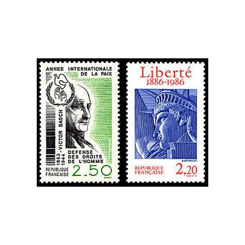France 1986, Très Beaux Timbres Yvert 2415, Année De La Paix, Défense Des Droits De L'homme, Hommage À Victor Basch Et 2421, Centenaire De La Construction De La Statue De La Liberté À New York.