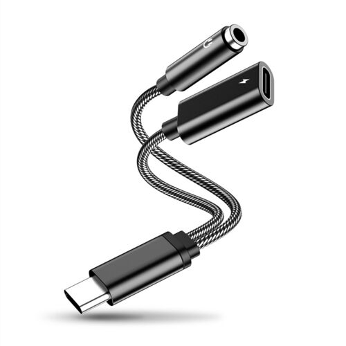 Adaptateur USB-C vers 3.5mm avec pass-through charge 60W, alliage d'aluminium tressé, noir