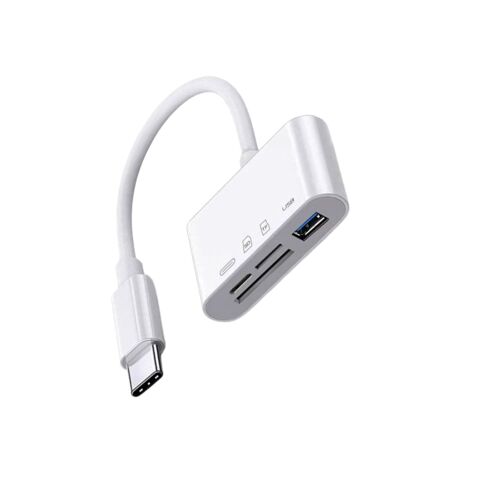 Hub adaptateur USB-C 4-en-1 avec SD/TF/USB-A et recharge passante 9V/2A ¿ Lecteur de cartes compact ABS+TPE (Blanc)