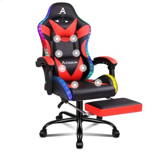 ALFORDSON Chaise de massage de jeu, chaise de course, ergonomique, avec LED, inclinaison à 150°, repose-pieds rétractable, en cuir synthétique, hauteur réglable, capacité de charge de 180 kg, Rouge