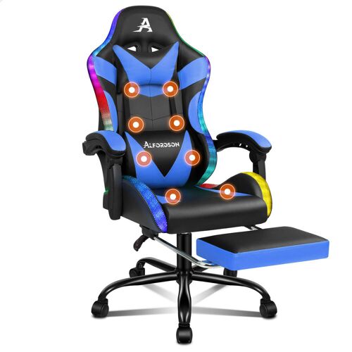 ALFORDSON Chaise de massage de jeu, chaise de course, ergonomique, avec LED, inclinaison à 150°, repose-pieds rétractable, en cuir synthétique, hauteur réglable, capacité de charge de 180 kg, Bleu