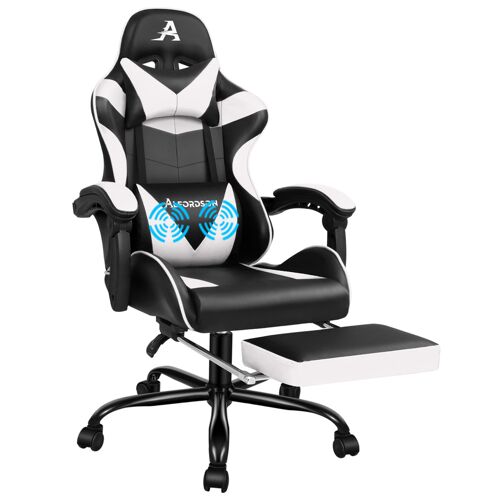 ALFORDSON Chaise de jeu de course, inclinable et réglable en hauteur, chaise de bureau de jeu ergonomique, repose-pieds rembourré, capacité de 180 kg, Blanc