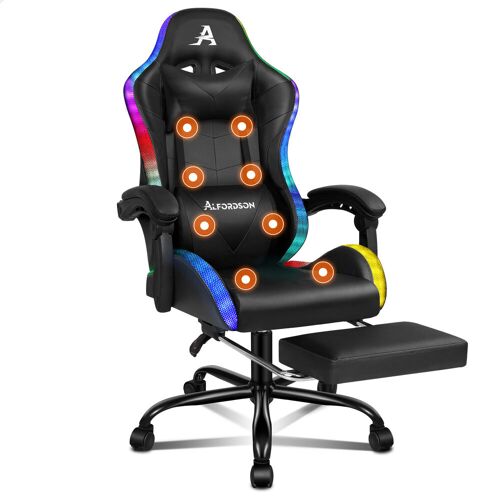 ALFORDSON Chaise de massage de jeu, chaise de course, ergonomique, avec LED, inclinaison à 150°, repose-pieds rétractable, en cuir synthétique, hauteur réglable, capacité de charge de 180 kg, Noir