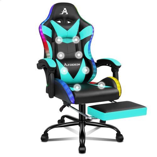 ALFORDSON Chaise de massage de jeu, chaise de course, ergonomique, avec LED, inclinaison à 150°, repose-pieds rétractable, en cuir synthétique, hauteur réglable, capacité de charge de 180 kg, Cyan