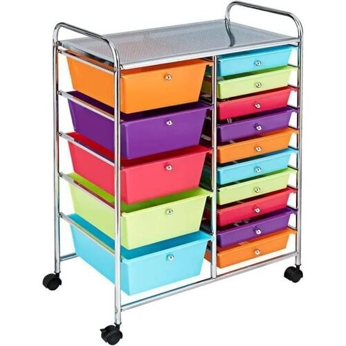Tour De Rangement À Roulettes Costway-15 Tiroirs Amovibles-4 Roues (2 Avec Frein)-63 X 37 X 87 Cm-Format A4 Et Lettre-Multicolore