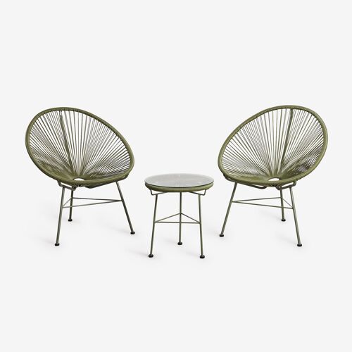Ensemble de salon avec 2 fauteuils et table d'appoint en acier et rotin synthétique New Acapulco Vert Olive Intense