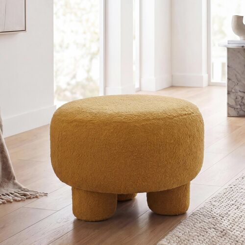 Pouf HWC-Q49, pouf ottomane rembourré, tissu bouclé (200 g/m²) 55 cm   jaune moutarde