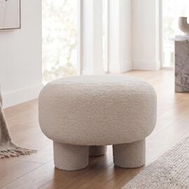 Pouf HWC-Q49, pouf ottoman rembourré, tissu bouclé (200 g/m²) 55 cm crème