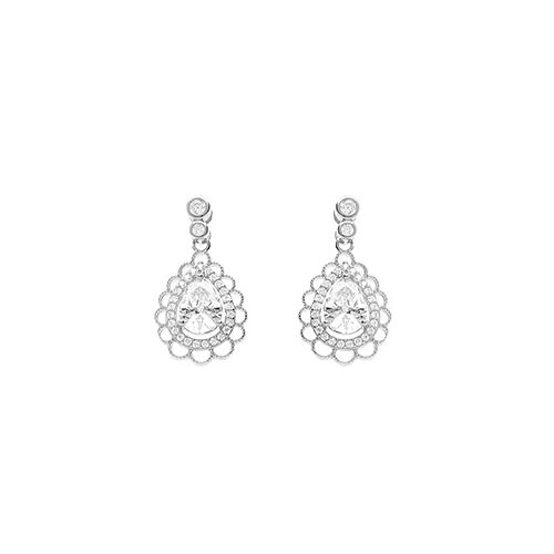 Boucles D'oreilles Tige Argent Rhodié Goutte Oxydes Blancs Sertis Contour Dentellé