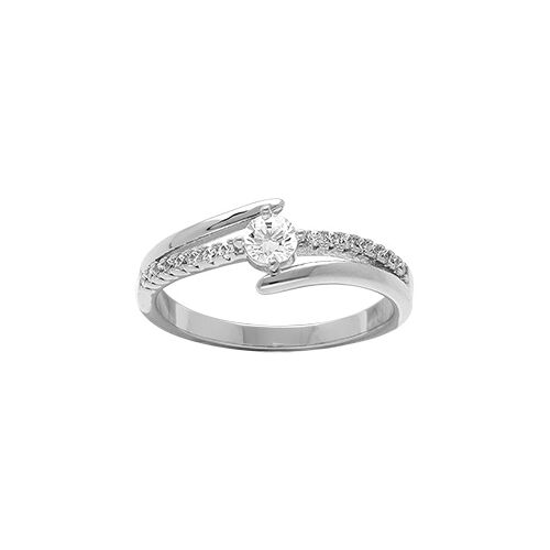 Bague Argent Rhodié Solitaire Double Rangs Lisses Et Oxydes Blancs Sertis
