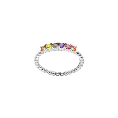 Bague Argent Rhodié Anneau Boules Oxydes Multi Couleurs Pastelles Sertis