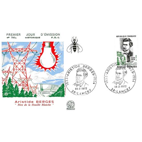 France 1972, Belle Enveloppe 1er Jour Fdc 790a, Timbre Yvert 1707, Aristide Berges, Père De La "Houille Blanche", La Production D'électricité À Partir De L'eau Qui Descend Des Montagnes.