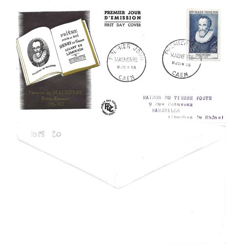 France 1955, Belle Enveloppe 1er Jour, Timbre Yvert 1028, François De Malherbe, Écrivain Français, Cachet De Caen, Cote 20 Euros.