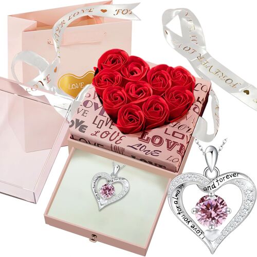 Coffret Rose Eternelle avec Bijoux,Cadeau Fleur Rose Conservee a la Main,Coffret Rose Eternelle avec Collier Gravure,La Saint-Valentin,Fete des meres,Cadeau Femme pour Elle la Noel (Carre-Rose)