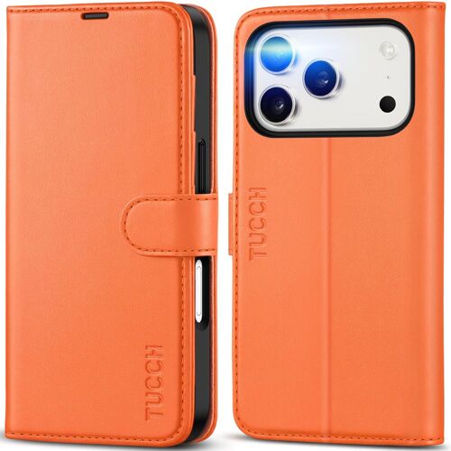 KALANKA-Coque pour iPhone 17 Pro 6,3-Pouces 5G 2025 [RFID Blocage] Portefeuille | Etui à Rabat Antichoc TPU Housse Cuir Synthétique Protection Fonction Support Fentes Cartes Magnétique, Orange Cosmiq