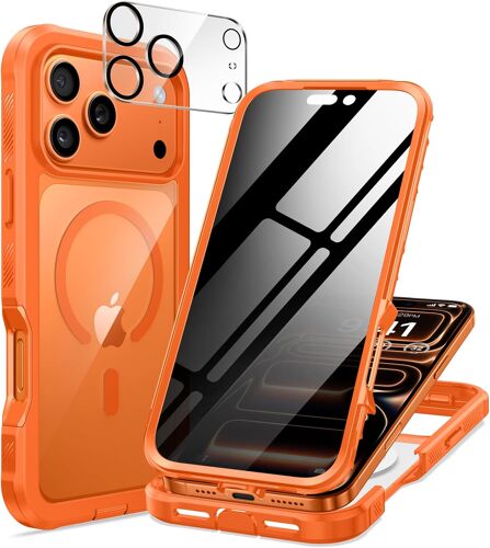 KALANKA-Coque Magnétique pour iPhone 17 Pro 6,3 Pouces, Verre Trempé Anti-Espion Housse Compatible avec MagSafe, Anneau Magnétique Intégré, Privacy Antichoc Protection de L'objectif Améliorée, Orange