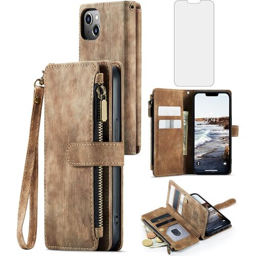 KALANKA-Coque pour iPhone 15 Portefeuille avec Verre Trempé et Porte Carte Chaine PU Cuir à Clapet Étui Housse Support i Phoenix i-Phone Téléphone Vitre Protection Protege Case Femme Homme Marron