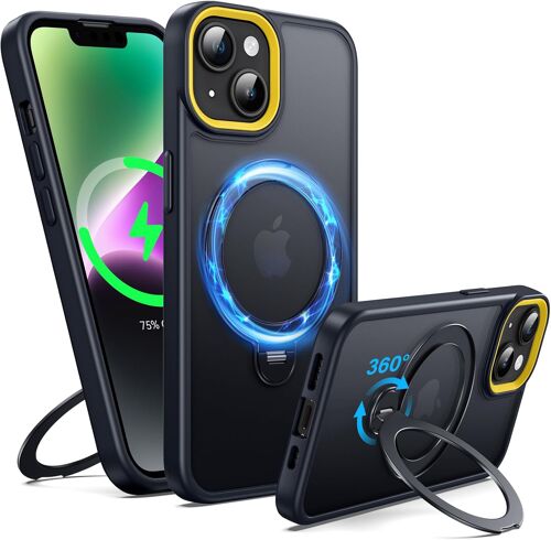 KALANKA-Coque de Support Magnétique pour iPhone 13/14, [Béquille Invisible rotative à 360 °] [Compatible avec MagSafe] [Protection de qualité Militaire] Anneau Magnet Holder Mate Case, 6.1'', Noir