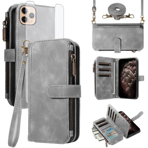 KALANKA-Coque pour iPhone 11 Pro Max Portefeuille avec Verre Trempé et Cordon Porte Carte Chaine PU Cuir à Clapet Étui Housse Support i-Phone 11ProMax i 11pro ProMax 11max Téléphone Case Femme Gris