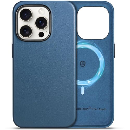 KALANKA-Cuir Véritable Coque Magnétique pour iPhone 15 Pro, Étui Anti-Choc Housse Protection Totale Anti-Rayures Antidérapant Recharge sans Fil pour iPhone 15 Pro (6,1"" 2023) - Bleu Royal