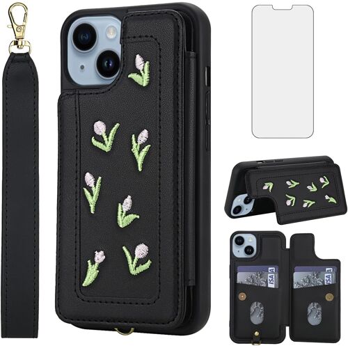 KALANKA-Coque pour iPhone 13/14 Portefeuille avec Verre Trempé et Support Cordon Porte Carte Chaine PU Cuir Étui Housse i Phoenix i-Phone Téléphone Vitre Protection Protege Ecran Etui Case Femme Noir