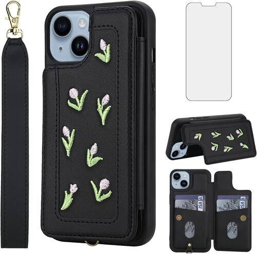 KALANKA-Coque pour iPhone 13/14 Portefeuille avec Verre Trempé et Support Cordon Porte Carte Chaine PU Cuir Étui Housse i Phoenix i-Phone Téléphone Vitre Protection Protege Ecran Etui Case Femme Noir