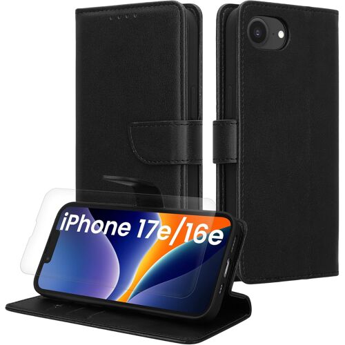 KALANKA-Coque Portefeuille Compatible avec Apple iPhone 17e / iPhone 16e Coque - Coque avec Porte-Cartes Protection RFID et Film Écran en Verre Trempé - Noir