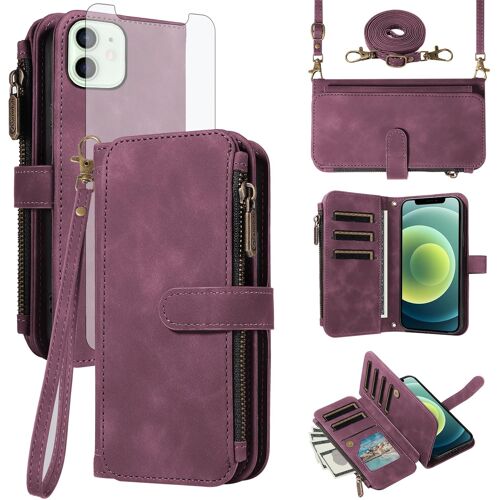 KALANKA-Coque pour iPhone 12 Pro Portefeuille avec Verre Trempé et Cordon Porte Carte Chaine PU Cuir à Clapet Étui Housse Support i 12Pro Plus 6.1 Téléphone Case Vitre Protection Ecran Femme Bordeaux