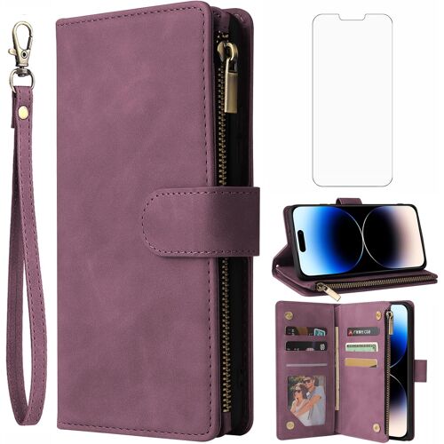 KALANKA-Coque pour iPhone 14 Pro Portefeuille avec Verre Trempé et Porte Carte Chaine PU Cuir à Clapet Étui Housse Support i-Phone 14Pro i Phoenix Téléphone Case Femme Vitre Protection Homme Bordeaux